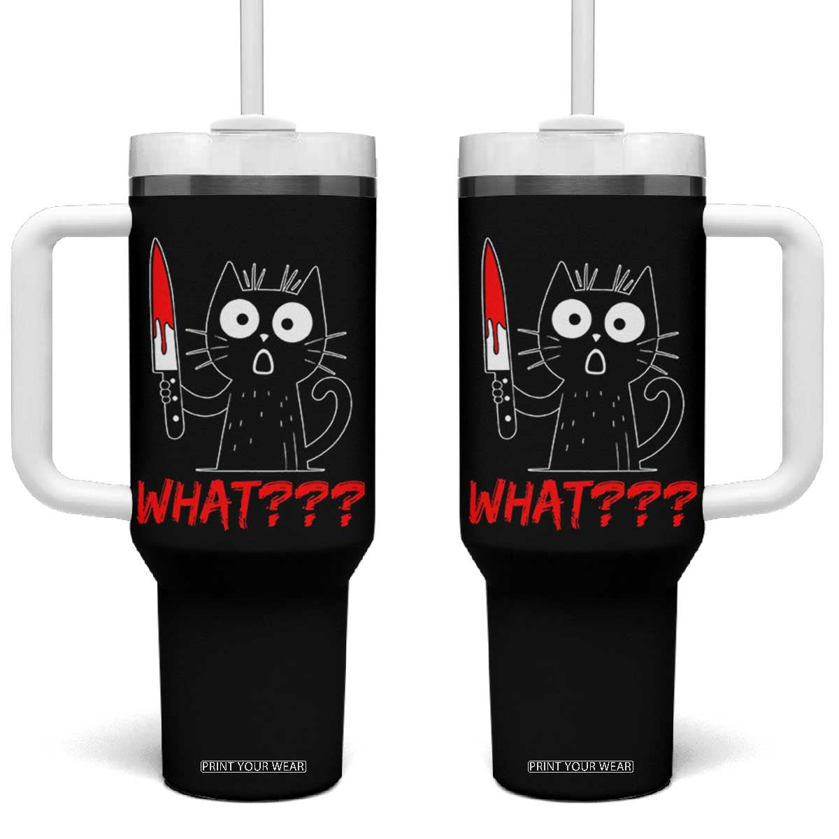 Black Cat Halloween Tumbler With Handle What Killer Kitten With Knife TS12 One Size: 40 oz Black Print Your Wear
