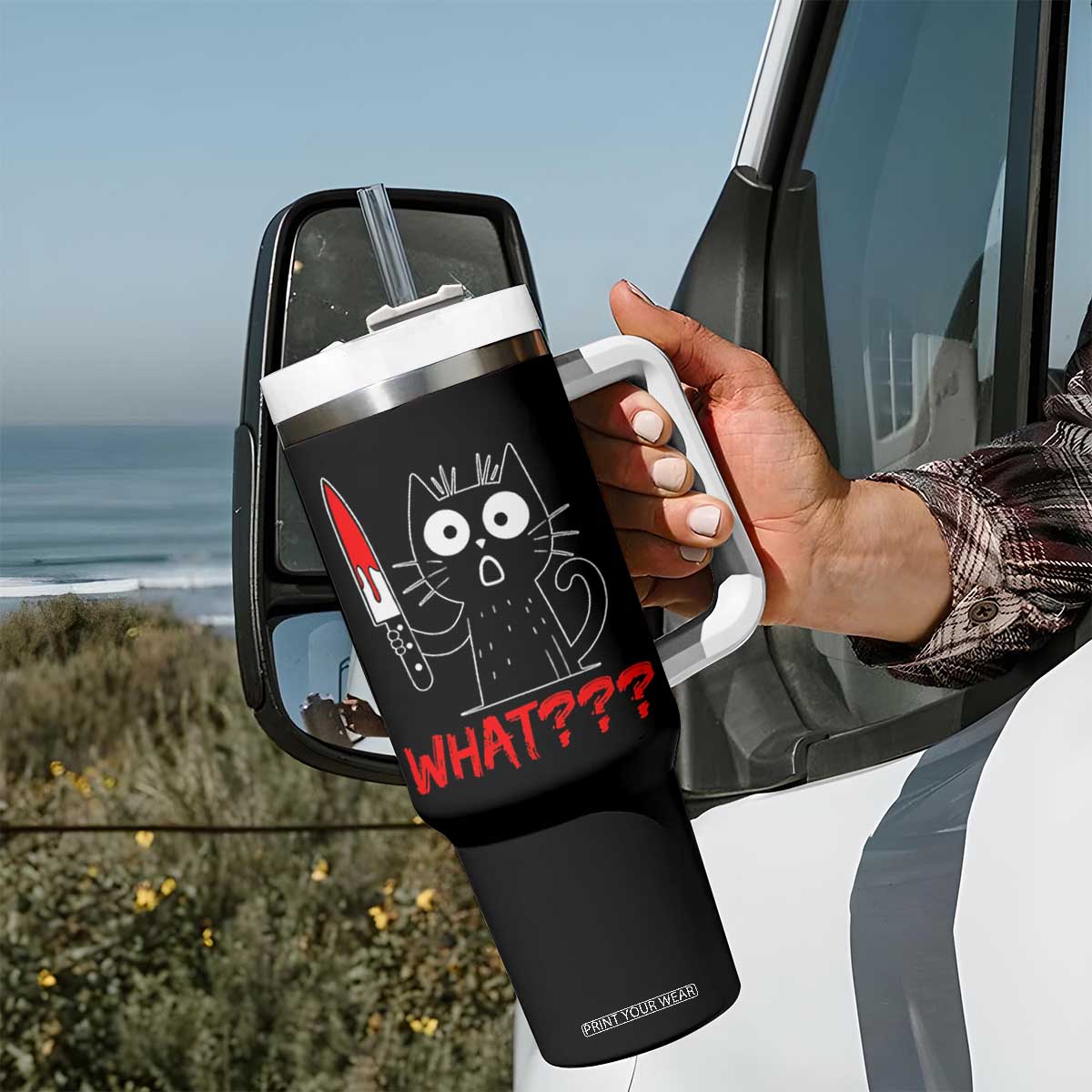 Black Cat Halloween Tumbler With Handle What Killer Kitten With Knife TS12 Print Your Wear