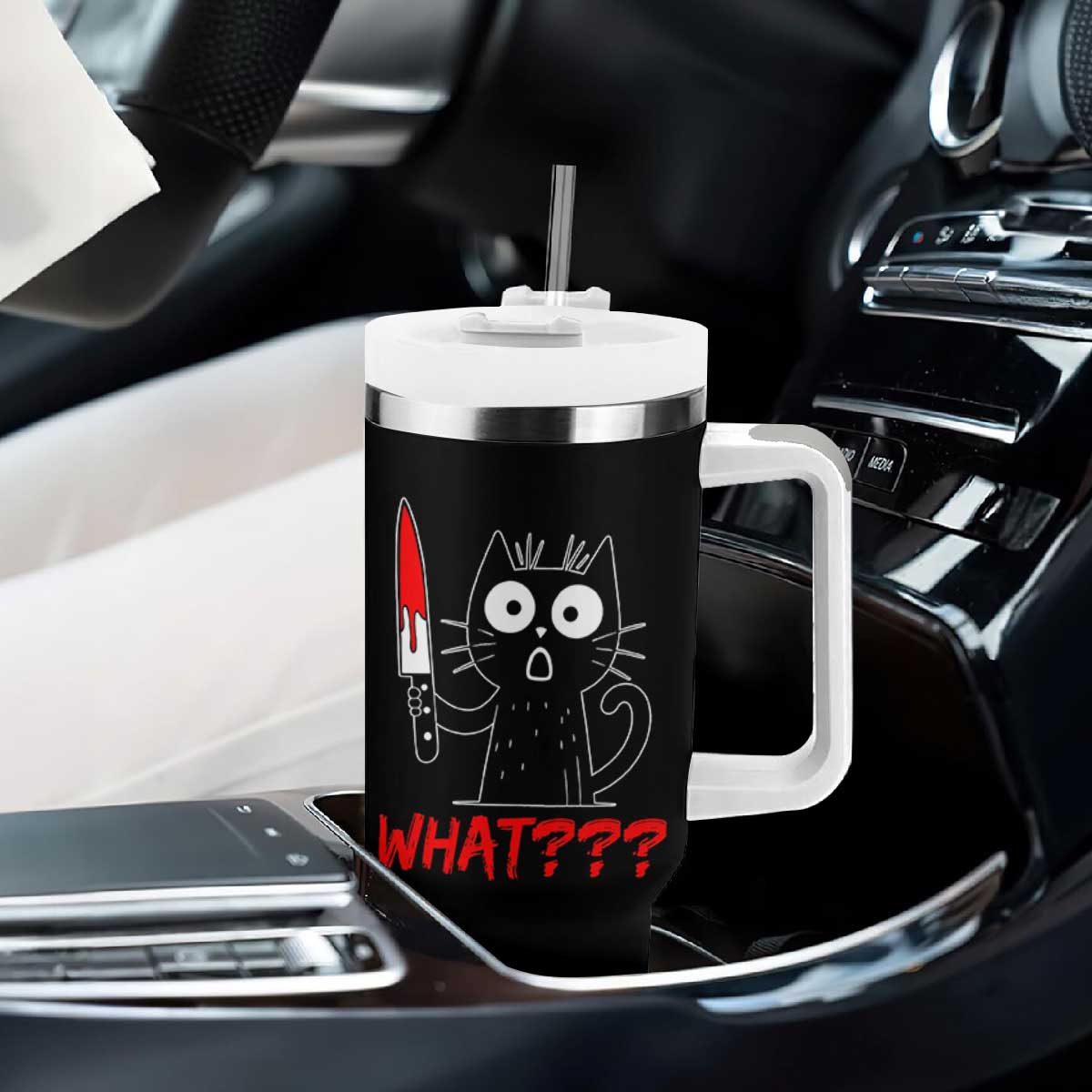 Black Cat Halloween Tumbler With Handle What Killer Kitten With Knife TS12 Print Your Wear