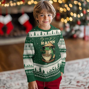 Frog Eating Ramen Ugly Christmas Sweater Funny Japanese Food Lover Anime TS12 Forest Green Beige Print Your Wear