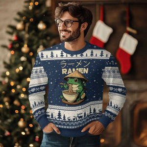 Frog Eating Ramen Ugly Christmas Sweater Funny Japanese Food Lover Anime TS12 Navy Beige Print Your Wear
