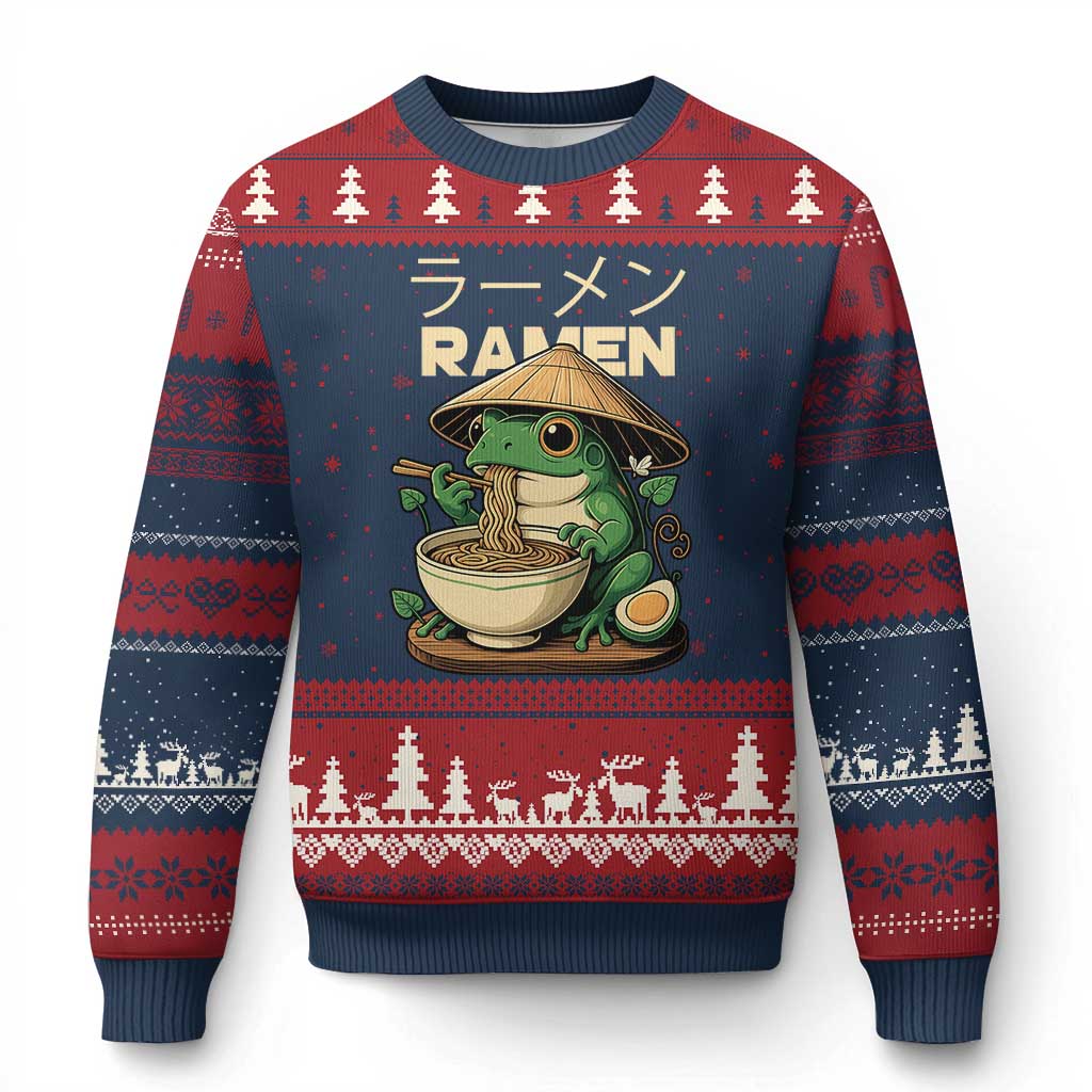 Frog Eating Ramen Ugly Christmas Sweater Funny Japanese Food Lover Anime TS12 Navy Red Print Your Wear