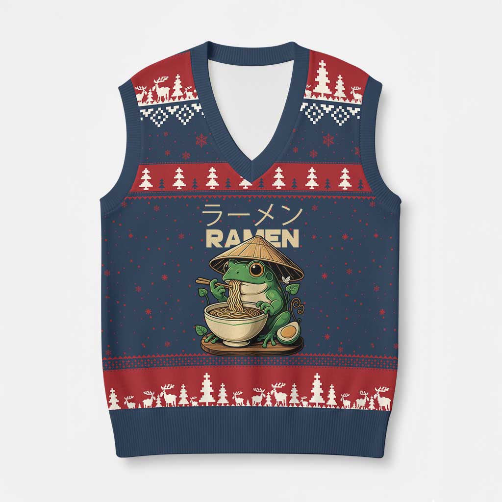 Frog Eating Ramen V-Neck Knit Sweater Vest Funny Japanese Food Lover Anime TS12 Navy Red Print Your Wear