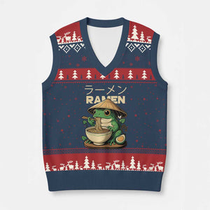 Frog Eating Ramen V-Neck Knit Sweater Vest Funny Japanese Food Lover Anime TS12 Navy Red Print Your Wear