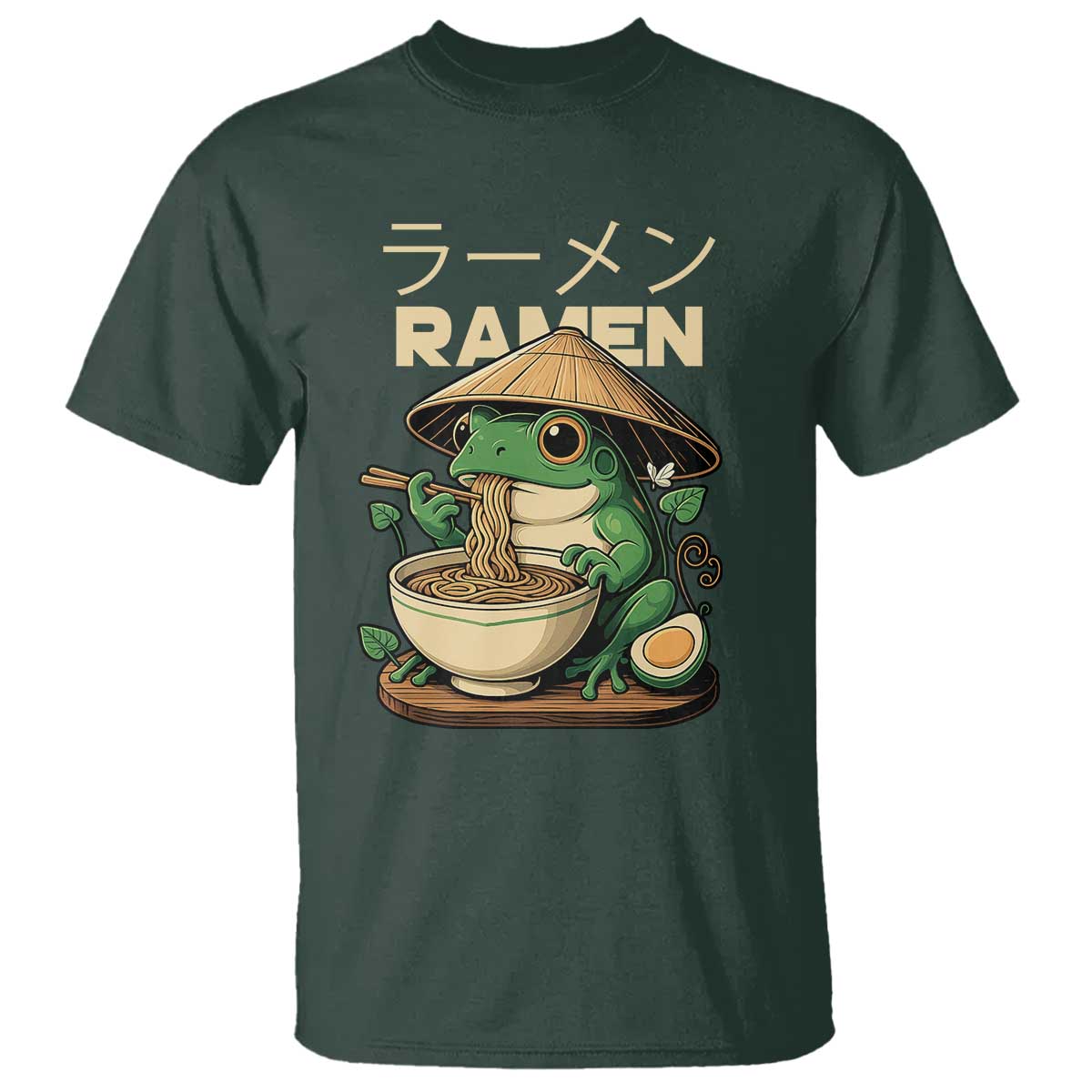 Frog Eating Ramen T Shirt Funny Japanese Food Lover Anime TS12 Dark Forest Green Print Your Wear
