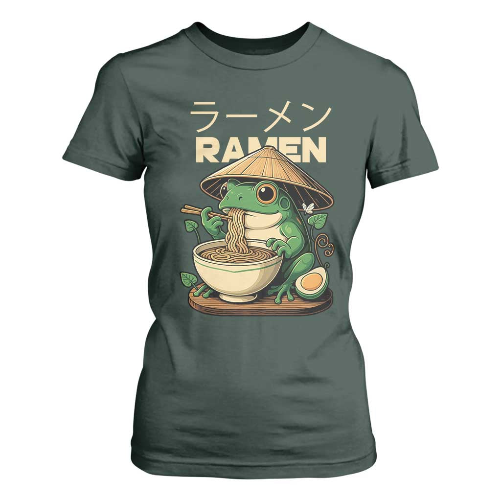 Frog Eating Ramen T Shirt For Women Funny Japanese Food Lover Anime TS12 Dark Forest Green Print Your Wear