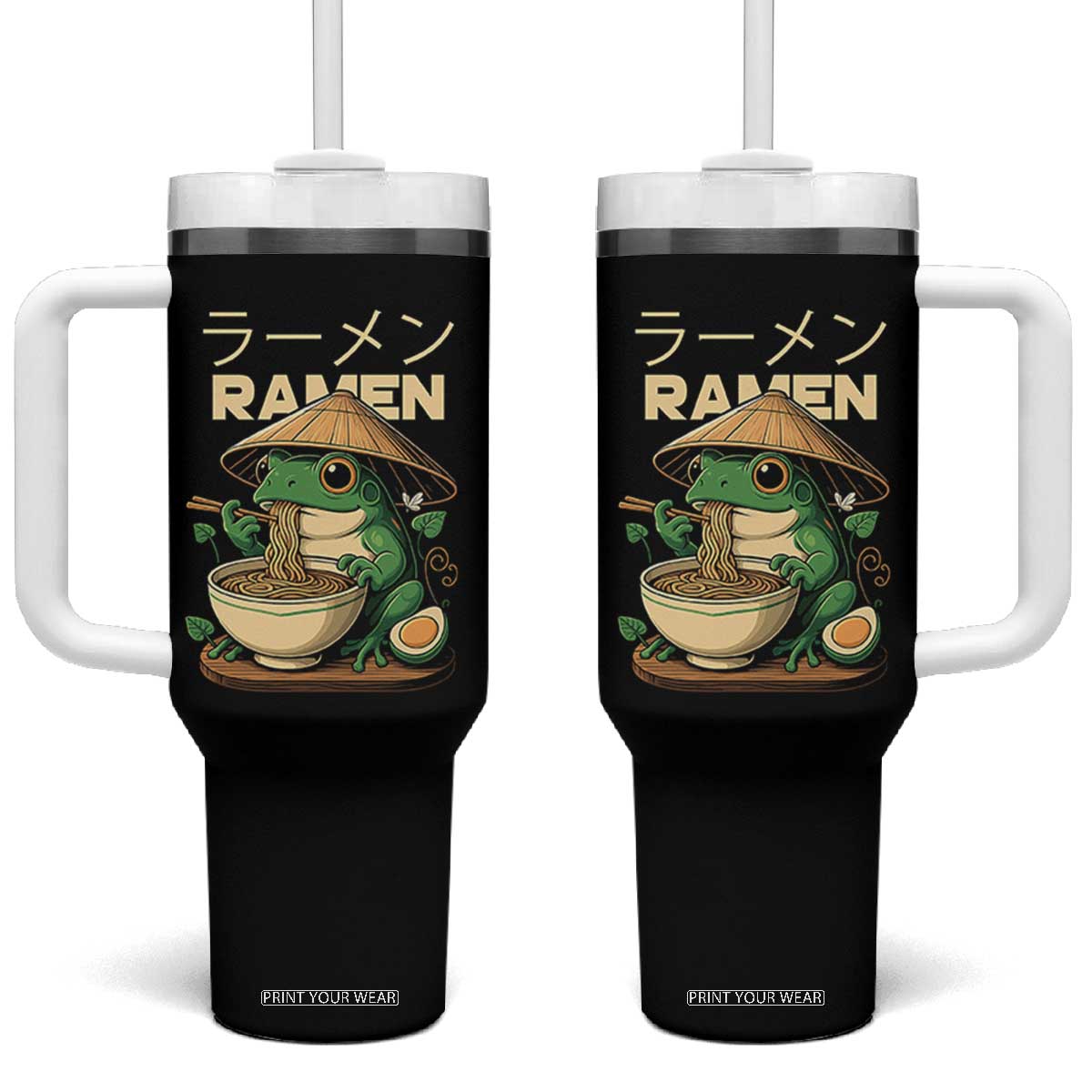 Frog Eating Ramen Tumbler With Handle Funny Japanese Food Lover Anime TS12 One Size: 40 oz Black Print Your Wear