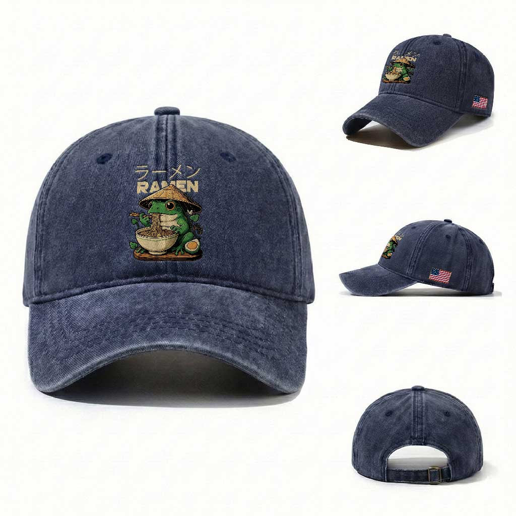 Frog Eating Ramen Washed Cotton Baseball Cap Funny Japanese Food Lover Anime TS12 Washed Cap Universal Fit Navy Print Your Wear