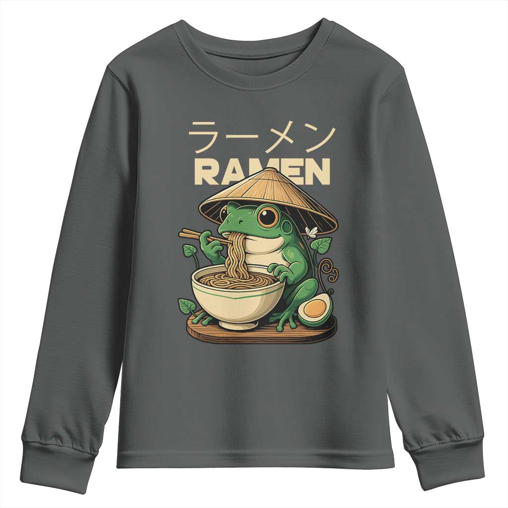 Frog Eating Ramen Youth Sweatshirt Funny Japanese Food Lover Anime TS12 Dark Heather Print Your Wear