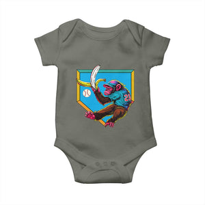 Funny Monkey Playing Baseball With Banana Baby Onesie Sport Humor Gift TS12 Military Green Print Your Wear