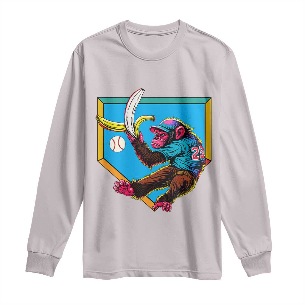 Funny Monkey Playing Baseball With Banana Long Sleeve Shirt Sport Humor Gift TS12 Ice Gray Print Your Wear