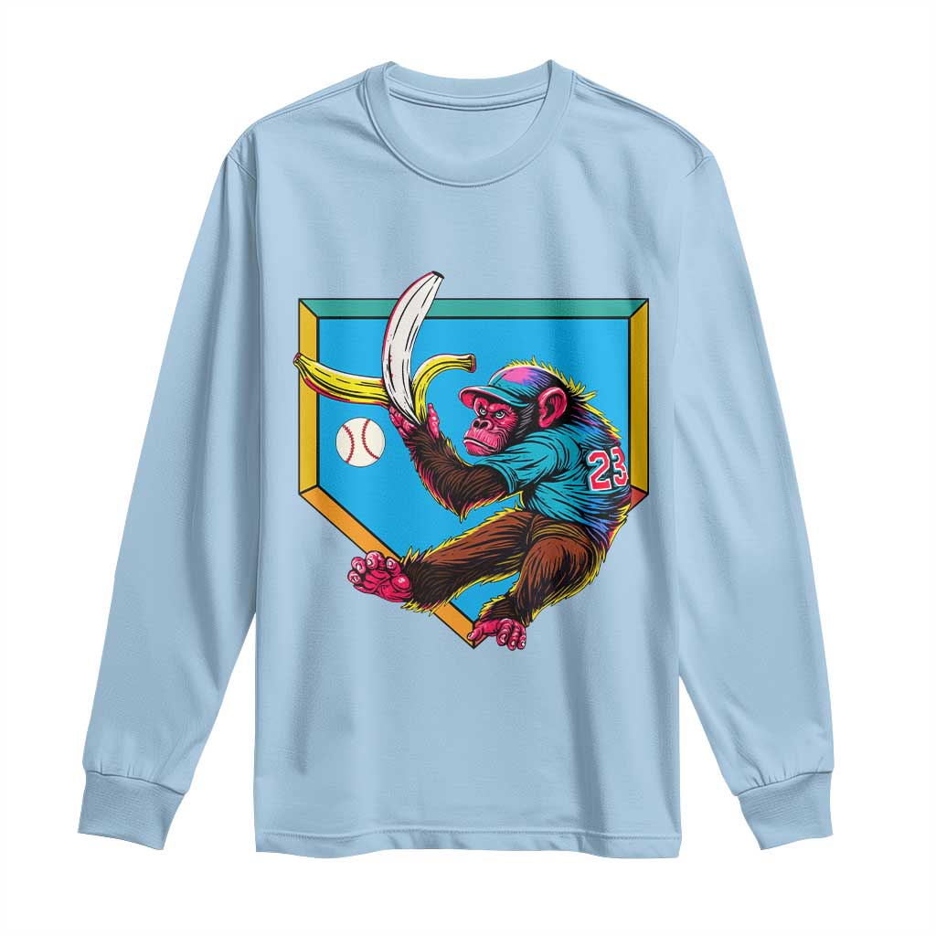 Funny Monkey Playing Baseball With Banana Long Sleeve Shirt Sport Humor Gift TS12 Light Blue Print Your Wear