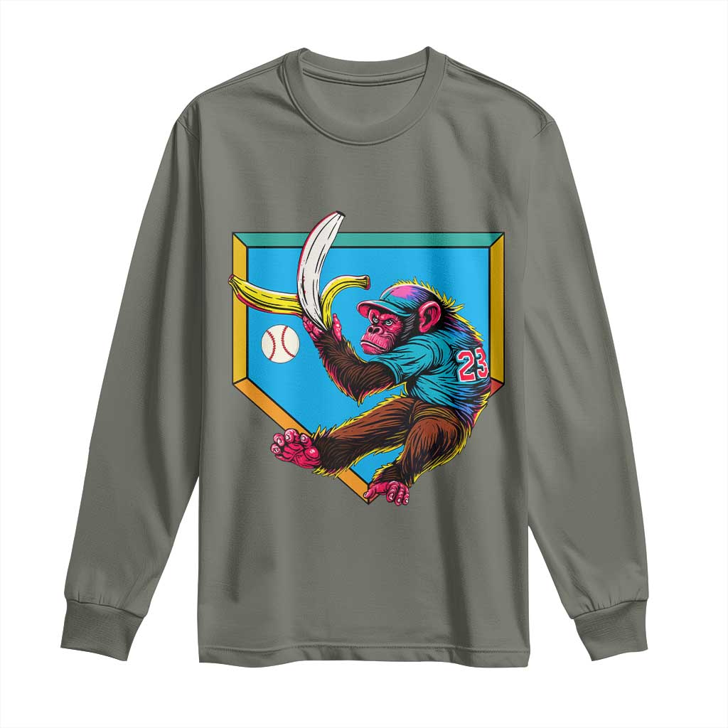 Funny Monkey Playing Baseball With Banana Long Sleeve Shirt Sport Humor Gift TS12 Military Green Print Your Wear