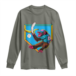 Funny Monkey Playing Baseball With Banana Long Sleeve Shirt Sport Humor Gift TS12 Military Green Print Your Wear