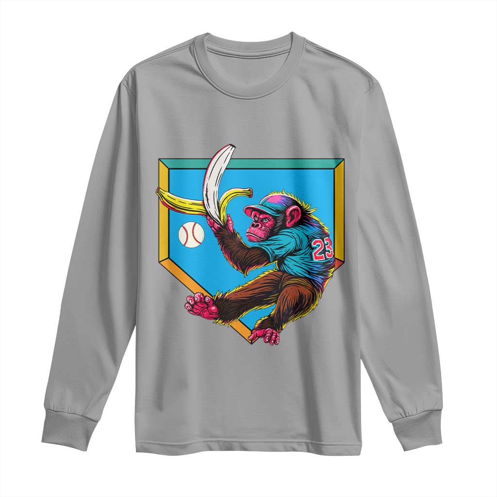 Funny Monkey Playing Baseball With Banana Long Sleeve Shirt Sport Humor Gift TS12 Sport Gray Print Your Wear