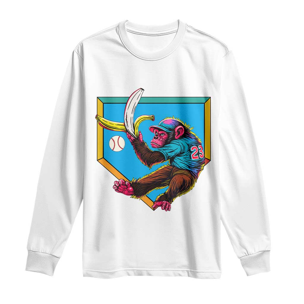 Funny Monkey Playing Baseball With Banana Long Sleeve Shirt Sport Humor Gift TS12 White Print Your Wear