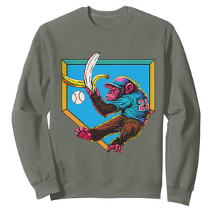 Funny Monkey Playing Baseball With Banana Sweatshirt Sport Humor Gift TS12 Military Green Print Your Wear
