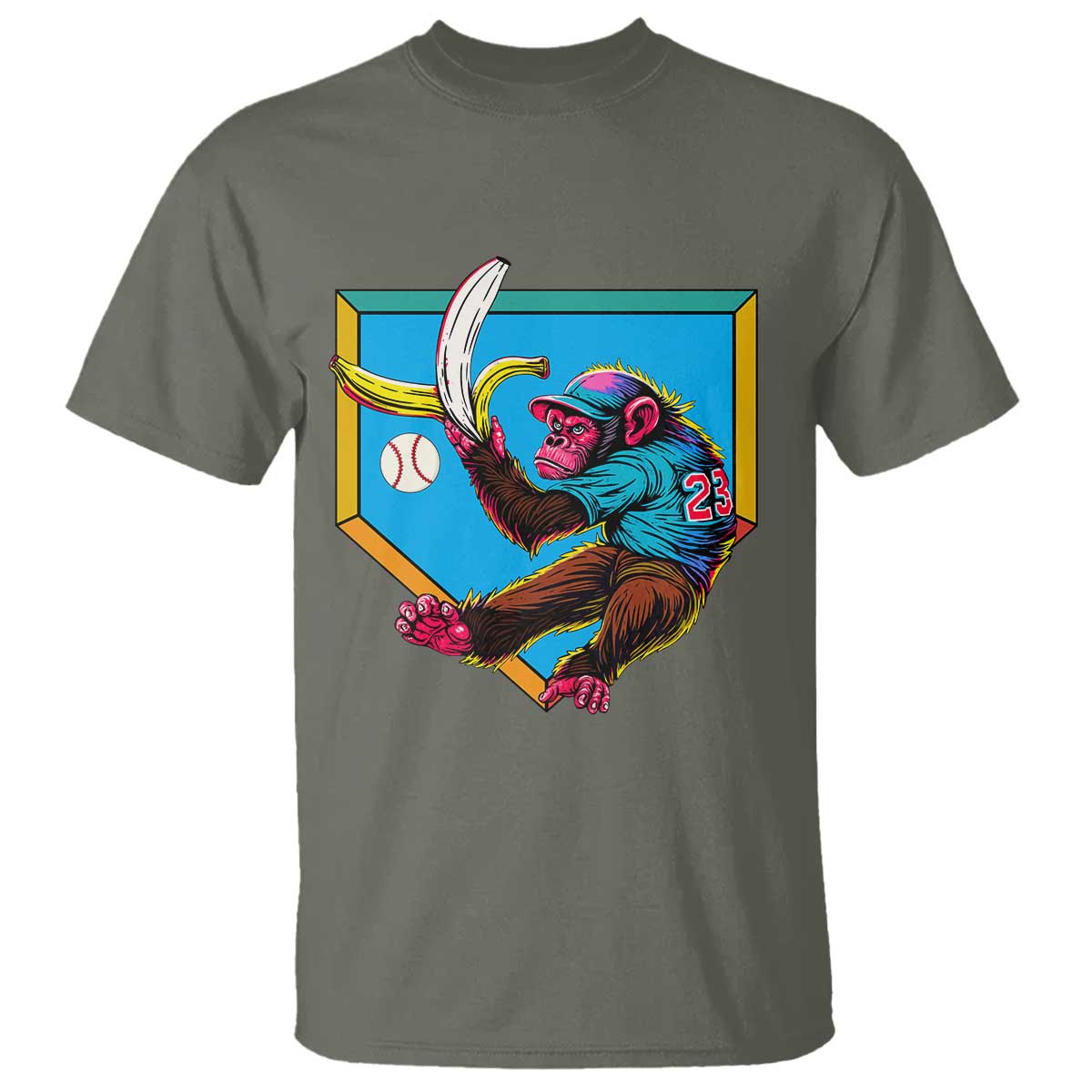 Funny Monkey Playing Baseball With Banana T Shirt Sport Humor Gift TS12 Military Green Print Your Wear