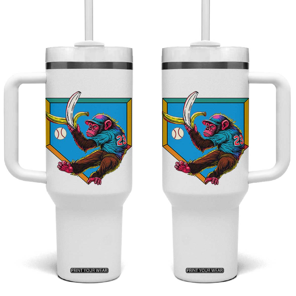 Funny Monkey Playing Baseball With Banana Tumbler With Handle Sport Humor Gift TS12 One Size: 40 oz White Print Your Wear