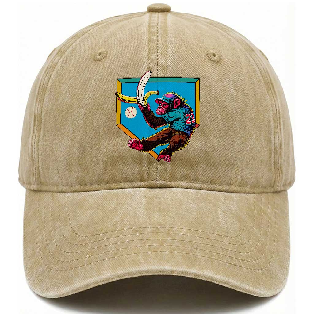 Funny Monkey Playing Baseball With Banana Washed Cotton Baseball Cap Sport Humor Gift TS12 Washed Cap Universal Fit Khaki Print Your Wear