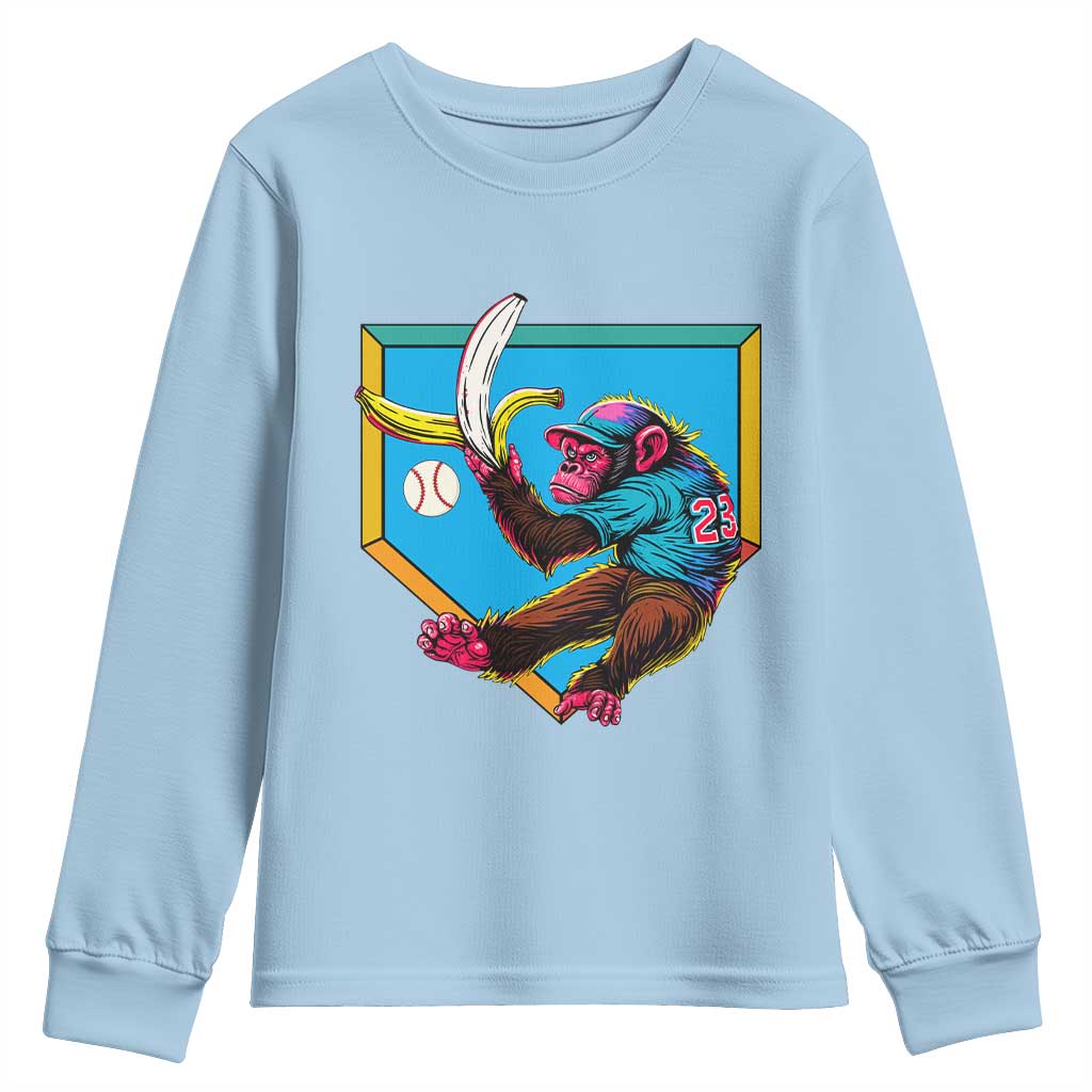 Funny Monkey Playing Baseball With Banana Youth Sweatshirt Sport Humor Gift TS12 Light Blue Print Your Wear