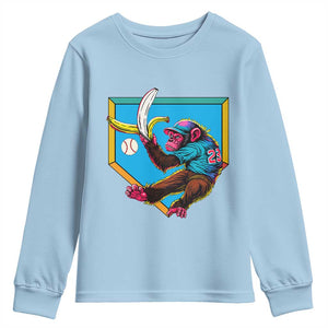 Funny Monkey Playing Baseball With Banana Youth Sweatshirt Sport Humor Gift TS12 Light Blue Print Your Wear