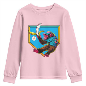 Funny Monkey Playing Baseball With Banana Youth Sweatshirt Sport Humor Gift TS12 Light Pink Print Your Wear