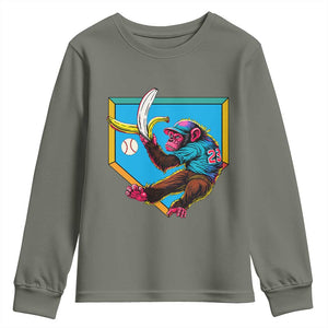 Funny Monkey Playing Baseball With Banana Youth Sweatshirt Sport Humor Gift TS12 Military Green Print Your Wear