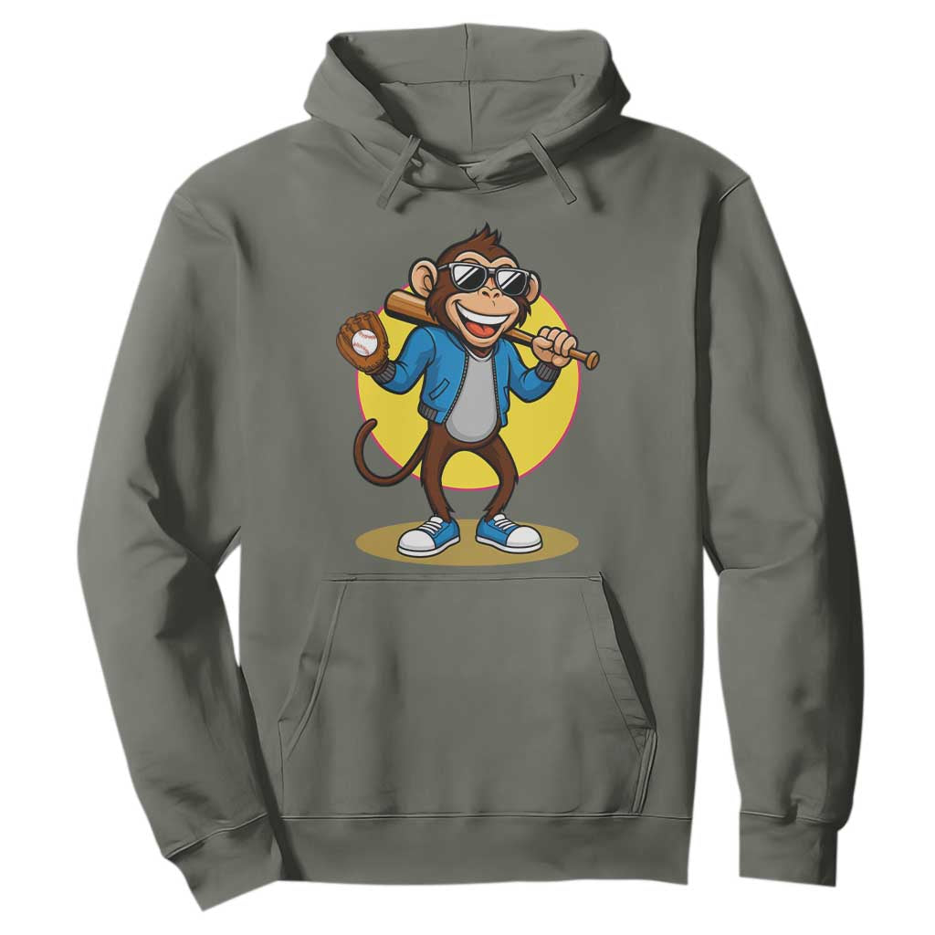 Funny Baseball Hoodie Monkey Playing Baseball Sport Humor Gift TS12 Military Green Print Your Wear