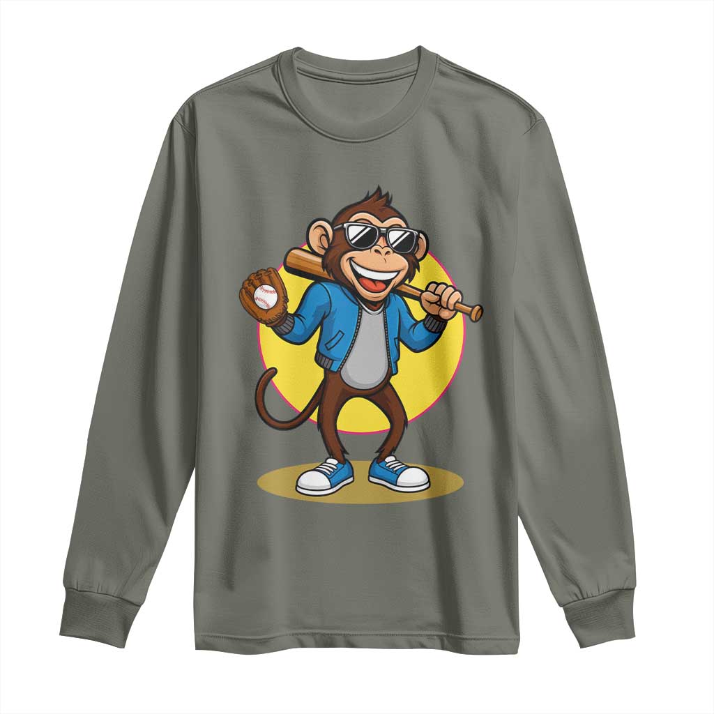 Funny Baseball Long Sleeve Shirt Monkey Playing Baseball Sport Humor Gift TS12 Military Green Print Your Wear