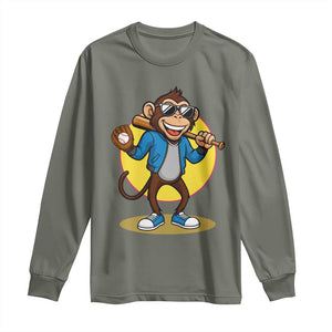 Funny Baseball Long Sleeve Shirt Monkey Playing Baseball Sport Humor Gift TS12 Military Green Print Your Wear