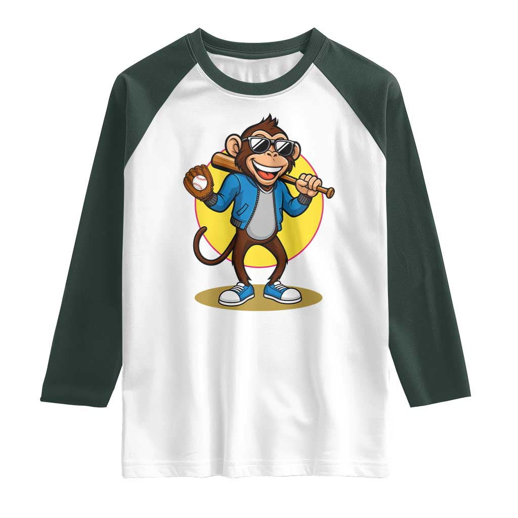 Funny Baseball Raglan Shirt Monkey Playing Baseball Sport Humor Gift TS12 White Dark Forest Green Print Your Wear