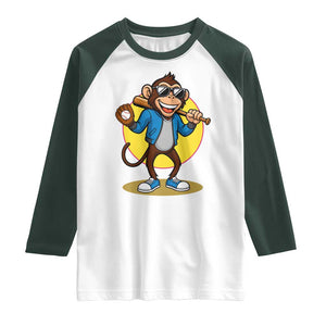 Funny Baseball Raglan Shirt Monkey Playing Baseball Sport Humor Gift TS12 White Dark Forest Green Print Your Wear