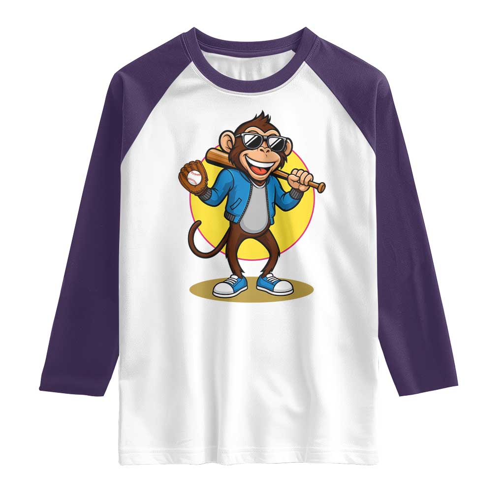 Funny Baseball Raglan Shirt Monkey Playing Baseball Sport Humor Gift TS12 White Purple Print Your Wear