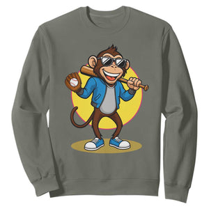 Funny Baseball Sweatshirt Monkey Playing Baseball Sport Humor Gift TS12 Military Green Print Your Wear