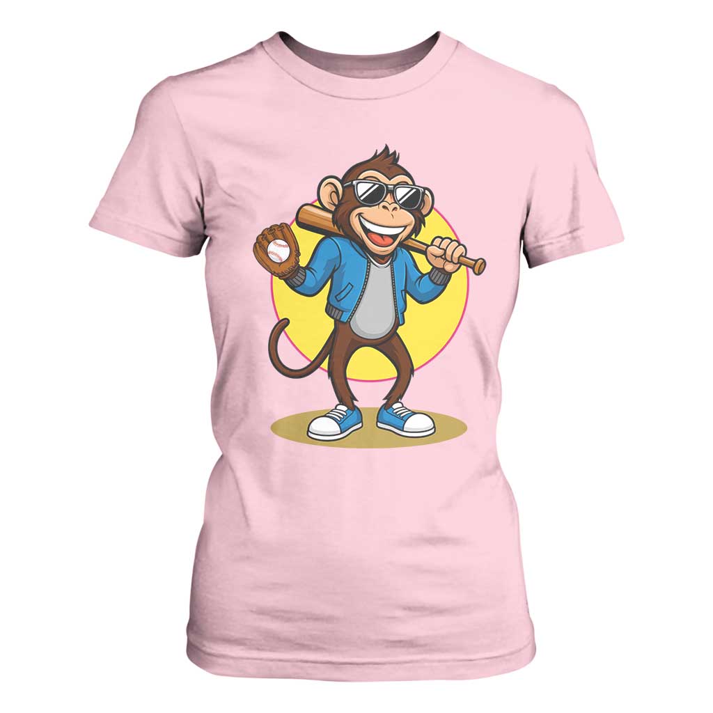 Funny Baseball T Shirt For Women Monkey Playing Baseball Sport Humor Gift TS12 Light Pink Print Your Wear