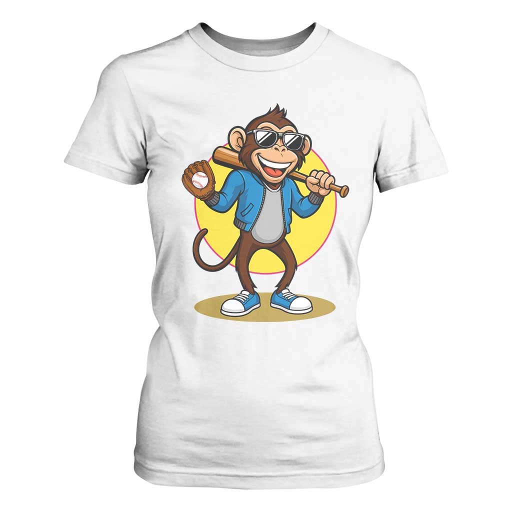 Funny Baseball T Shirt For Women Monkey Playing Baseball Sport Humor Gift TS12 White Print Your Wear