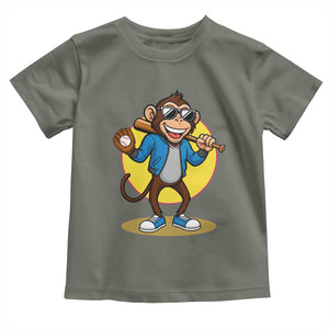 Funny Baseball Toddler T Shirt Monkey Playing Baseball Sport Humor Gift TS12 Military Green Print Your Wear