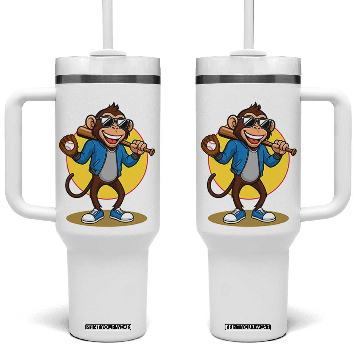 Funny Baseball Tumbler With Handle Monkey Playing Baseball Sport Humor Gift TS12 One Size: 40 oz White Print Your Wear