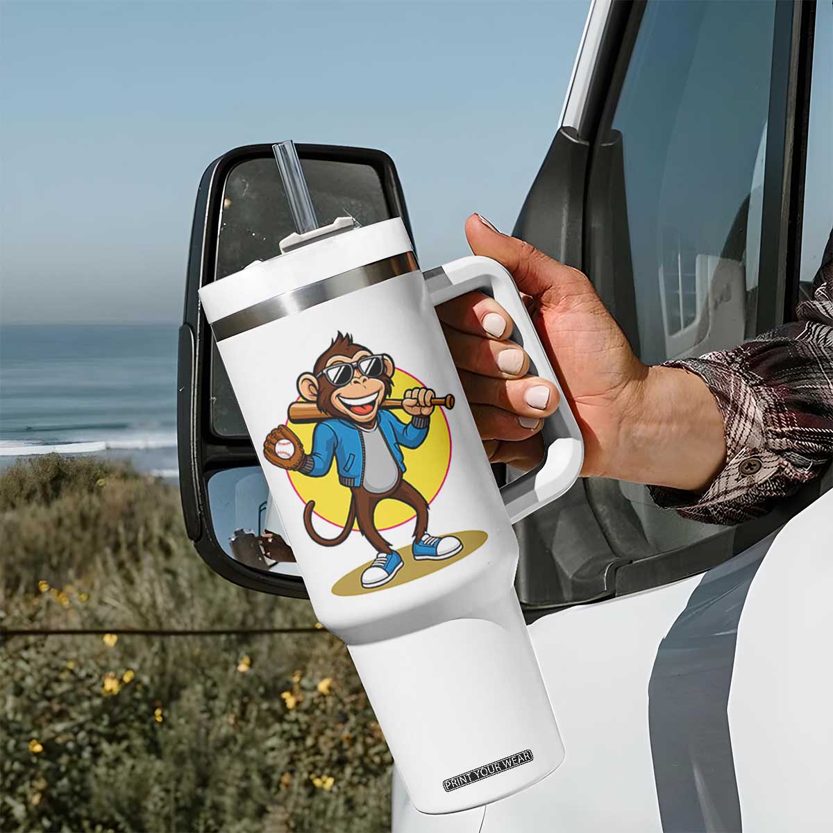 Funny Baseball Tumbler With Handle Monkey Playing Baseball Sport Humor Gift TS12 Print Your Wear