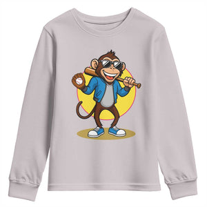 Funny Baseball Youth Sweatshirt Monkey Playing Baseball Sport Humor Gift TS12 Ice Gray Print Your Wear