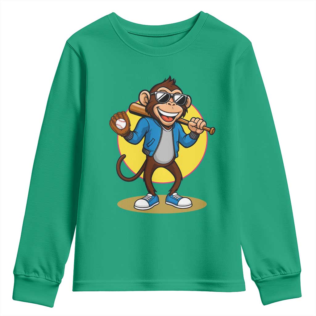 Funny Baseball Youth Sweatshirt Monkey Playing Baseball Sport Humor Gift TS12 Irish Green Print Your Wear
