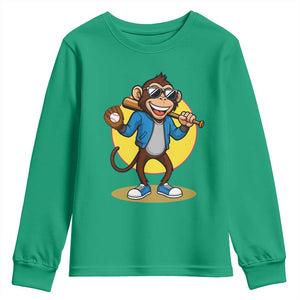 Funny Baseball Youth Sweatshirt Monkey Playing Baseball Sport Humor Gift TS12 Irish Green Print Your Wear