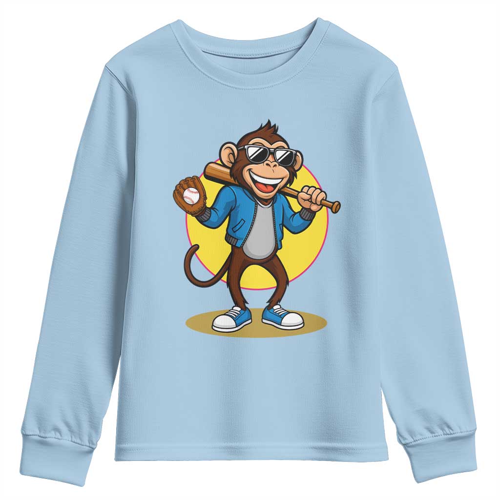 Funny Baseball Youth Sweatshirt Monkey Playing Baseball Sport Humor Gift TS12 Light Blue Print Your Wear
