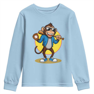Funny Baseball Youth Sweatshirt Monkey Playing Baseball Sport Humor Gift TS12 Light Blue Print Your Wear