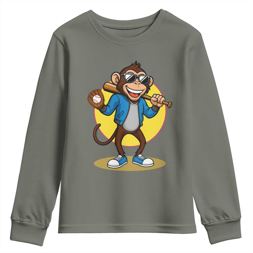 Funny Baseball Youth Sweatshirt Monkey Playing Baseball Sport Humor Gift TS12 Military Green Print Your Wear