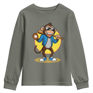 Funny Baseball Youth Sweatshirt Monkey Playing Baseball Sport Humor Gift TS12 Military Green Print Your Wear