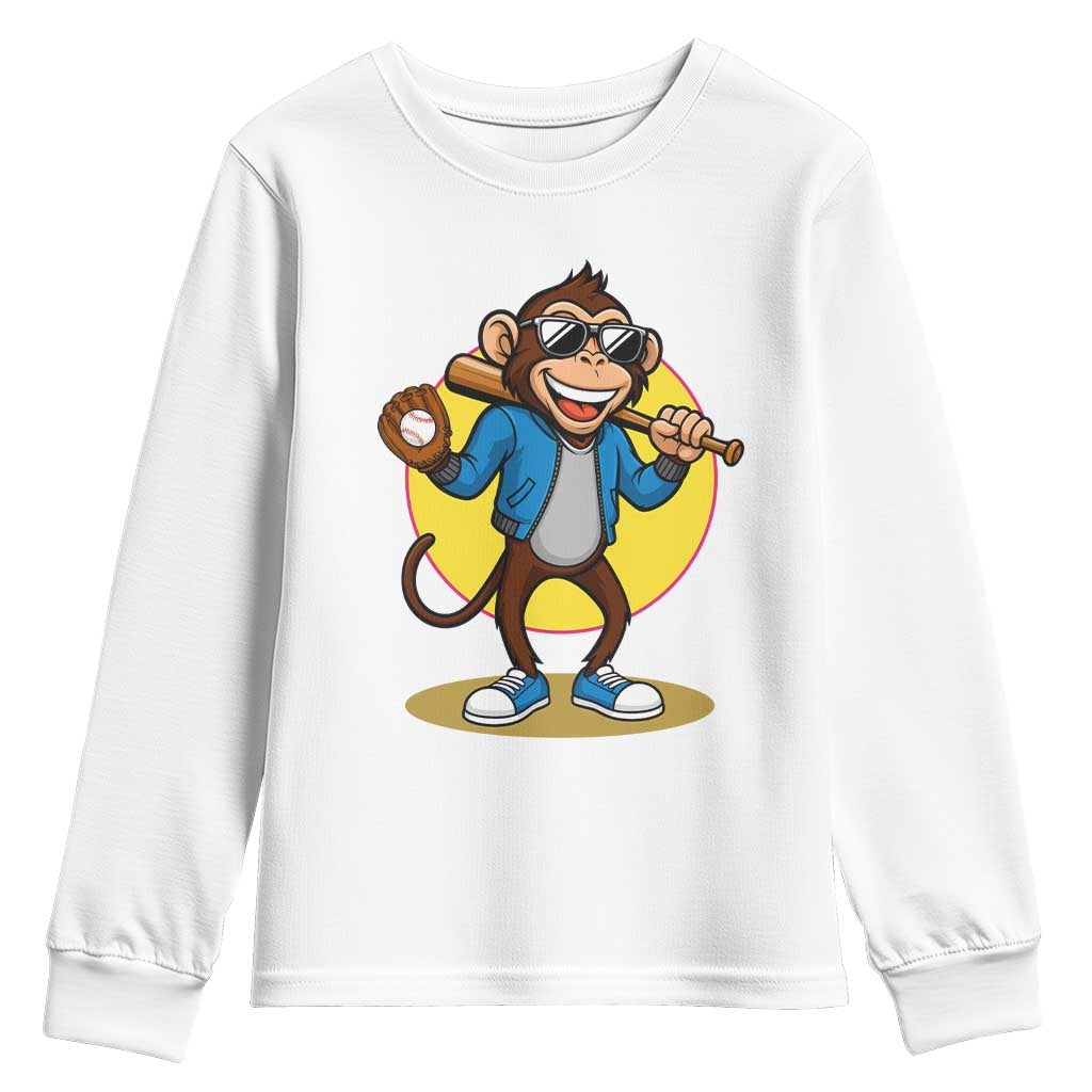 Funny Baseball Youth Sweatshirt Monkey Playing Baseball Sport Humor Gift TS12 White Print Your Wear