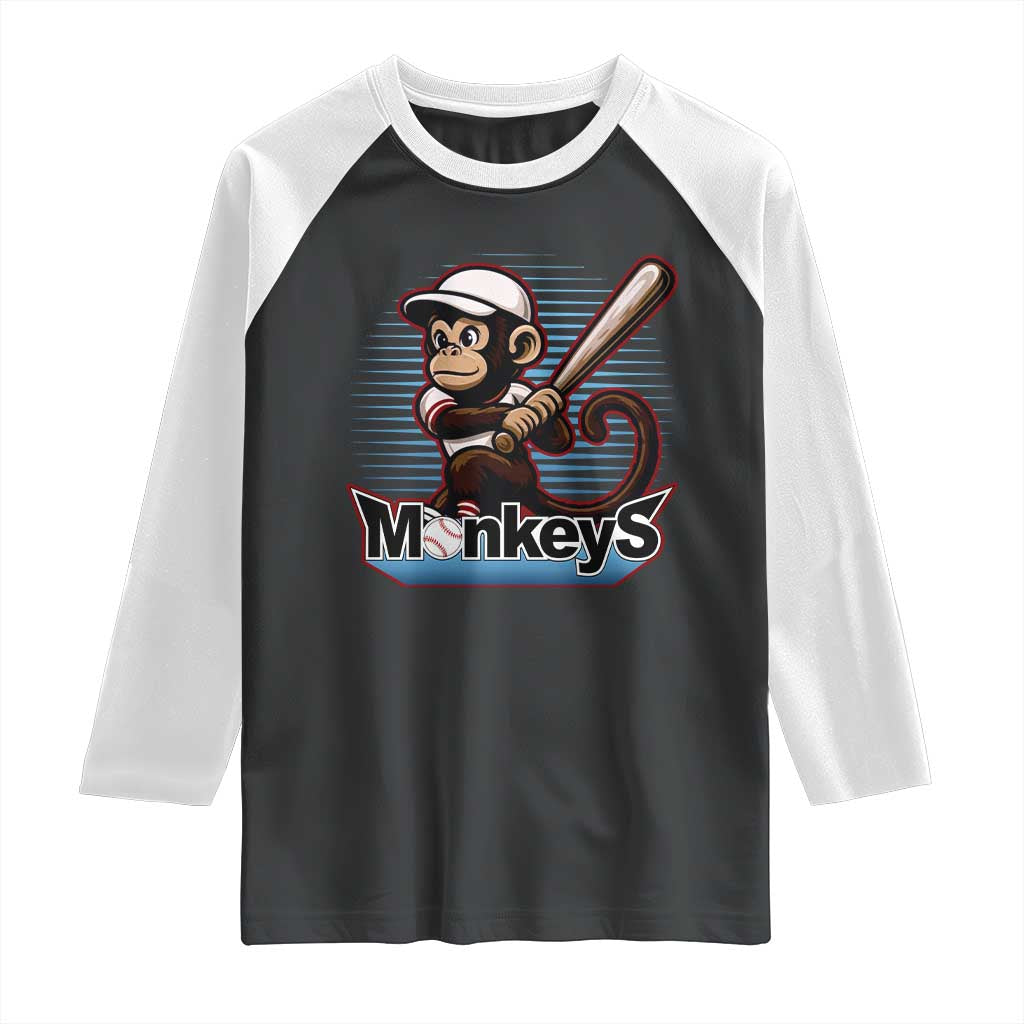 Funny Chimpanzee Swinging Bat Baseball Raglan Shirt Sport Humor Gift TS12 Black White Print Your Wear