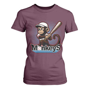 Funny Chimpanzee Swinging Bat Baseball T Shirt For Women Sport Humor Gift TS12 Maroon Print Your Wear